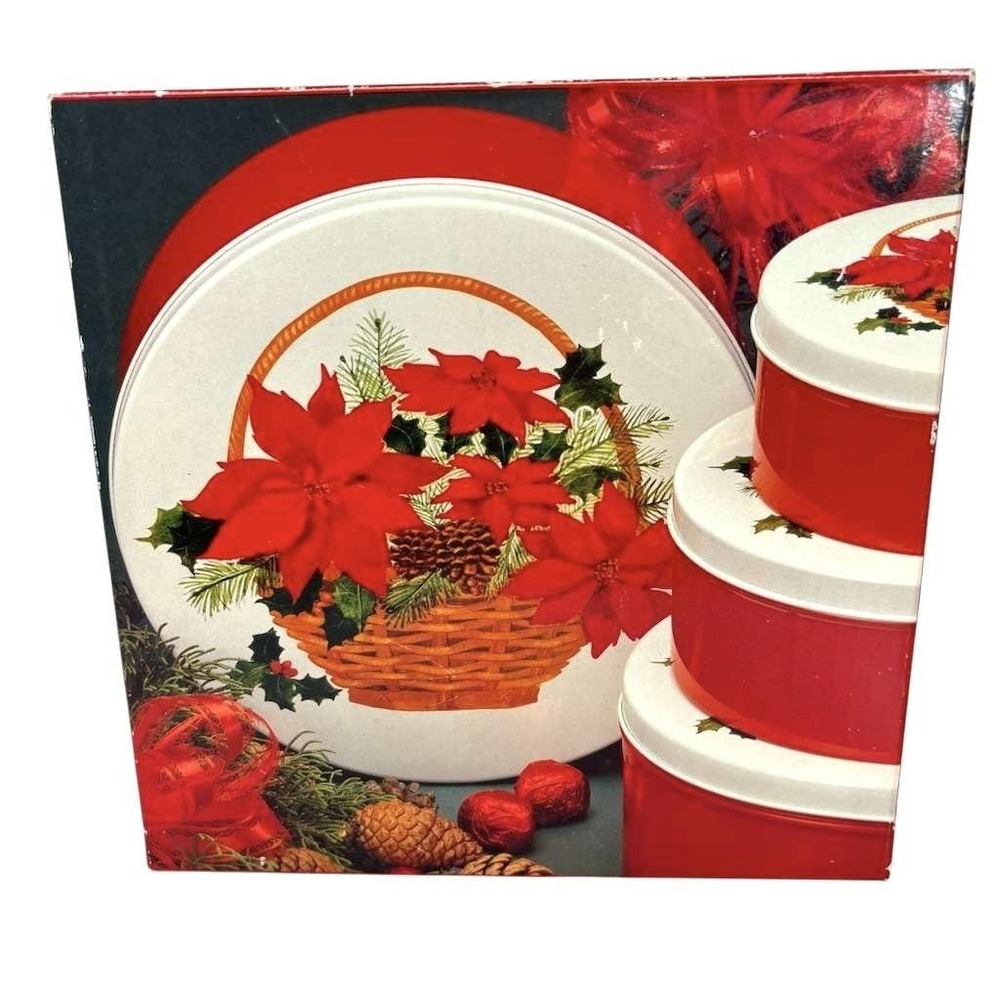 Vintage 90's Home Beautiful 4pc Nested Christmas‎ Holiday Poinsettia Cookie Tins
